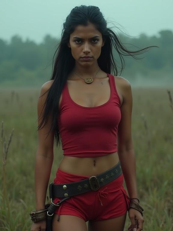 Indian woman in red tank top and shorts stands confidently on a battlefield. She has a sword and looks intensely at the camera. Rain creates a moody atmosphere. Long hair flows around her.