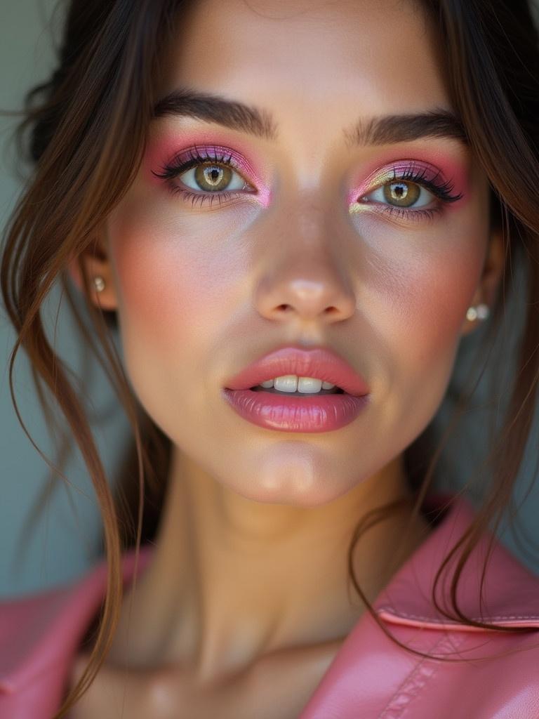 Close-up shot of a young woman in her twenties. She has large bright eyes with a rosy pink hue. Makeup is applied in pink tones. The outfit is a shiny leather dress.