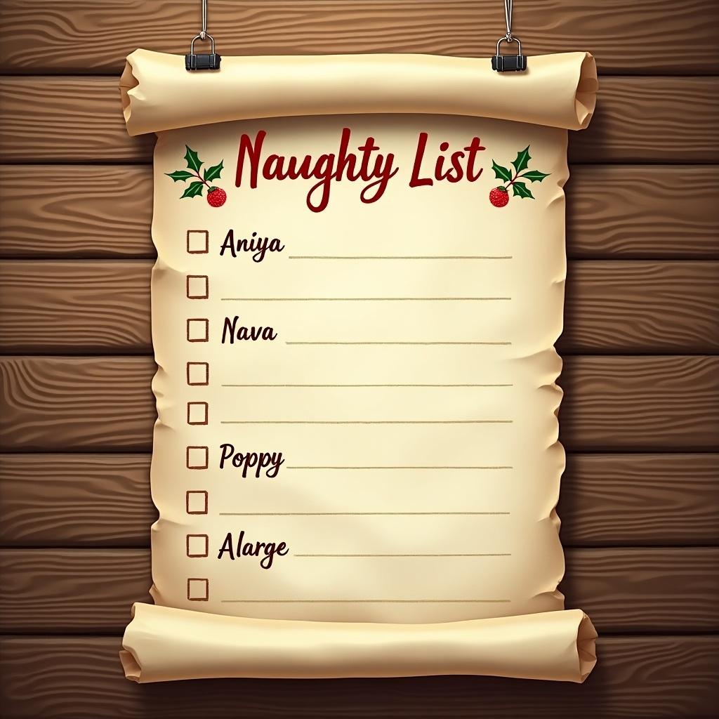 Parchment paper titled Naughty List hangs on wooden wall. List includes names Aniya, Nava, Poppy, Alarge with empty spaces. Vintage aesthetics reflect holiday spirit.