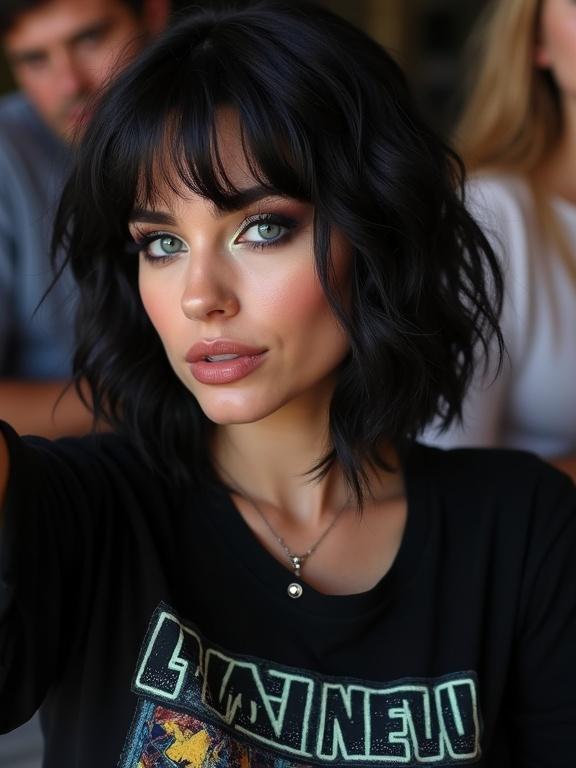 Candid selfie of a beautiful Israeli woman at a rock concert. She has short black hair and bright turquoise eyes. Wearing a black shirt with music themes. Features include heavy dark eyeshadow and large lips. Background hints at a concert atmosphere.