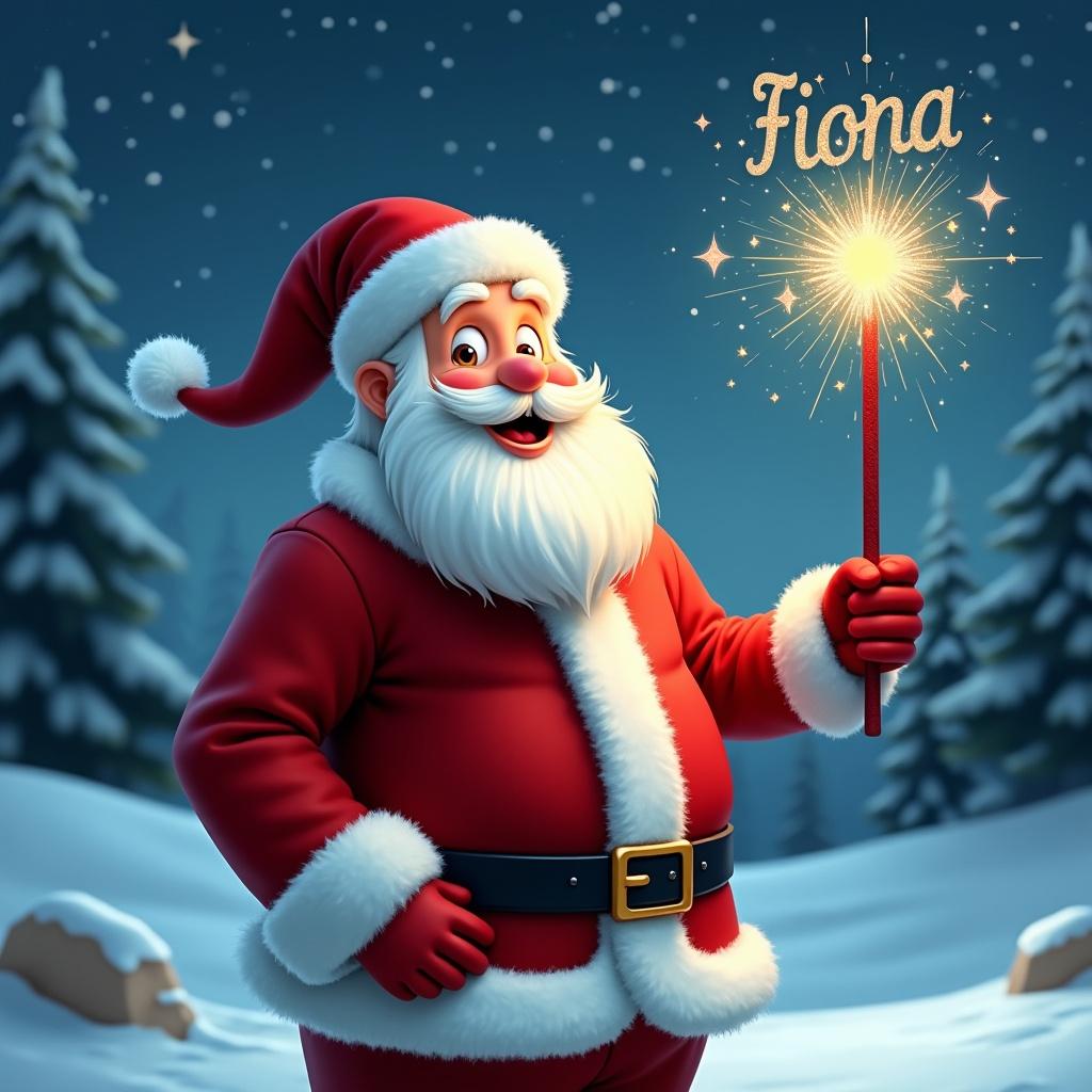 A jolly Santa Claus in a snowy landscape, holding a magical wand that shines with sparkles. He wears a classic red suit with white fur trim and a matching hat. Santa's eyes twinkle with joy as he appears to be writing Fiona in the sky. Behind him, there's a snowy scene with evergreen trees and a starry night sky. The atmosphere is festive and magical, perfect for the holiday season.