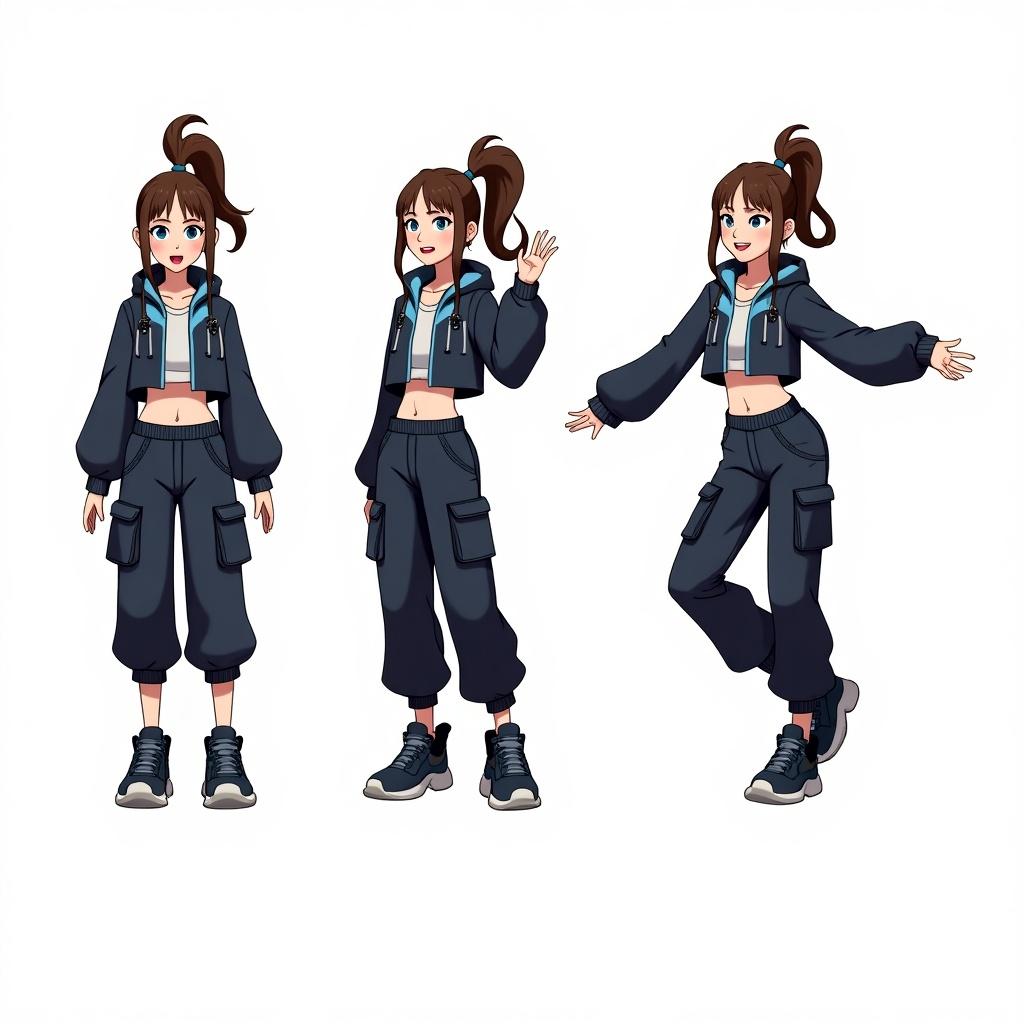 Illustration of a female character. Long brown hair styled in a high ponytail. Blue eyes. Cropped navy blue jacket. Light blue and black accents. Baggy cargo pants with straps. Chunky shoes. Four poses: happy, sad, jumping, traditional Thai greeting 'wai'. Sketchy art style with soft outlines.