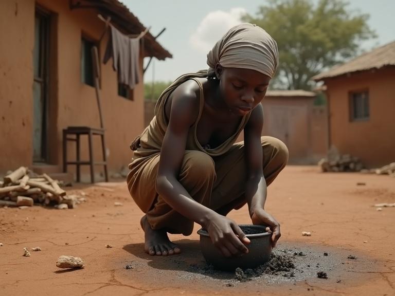 Cinematic image of a young Nigerian girl performing household chores. She is crouched in a dusty yard scrubbing a pot. The scene has a rural setting with nature around and traditional elements. The girl has a worn outfit, headscarf, and is surrounded by household items. The atmosphere conveys the harsh realities of her environment.