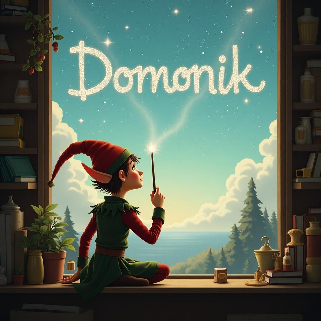 Elf sitting with back facing the viewer. Elf holds a wand and writes Domonik in the sky. Green and red colors dominate. Soft and magical atmosphere.