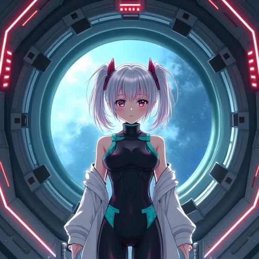 Anime girl stands inside spaceship cockpit. She has white hair with magenta accents. She wears a black jumpsuit with cyan details and a white coat. The background shows a moonlit scene through the cockpit.