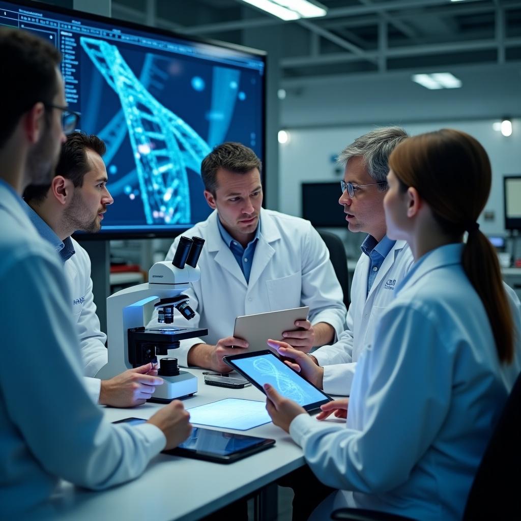 Group of scientists in a laboratory discussion. They hold digital tablets and wear lab coats. Surrounded by scientific equipment and screens displaying DNA. The environment is well-lit with a collaborative atmosphere.