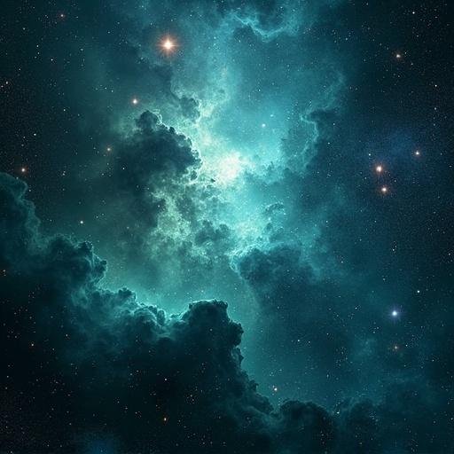 Interstellar nebula art style featuring a vibrant teal and black color palette with glowing elements and cosmic clouds