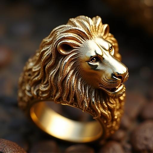 Photography of a shiny gold ring featuring a lion head design and adorned with a diamond.