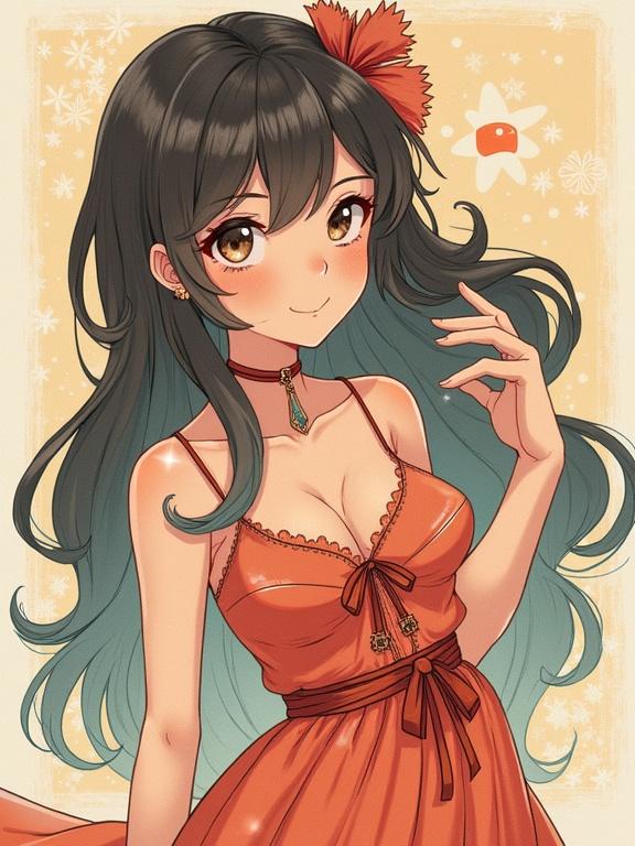 Anime girl with long hair, wearing an orange dress, standing in a photo studio, cute expression, detail on hair and dress