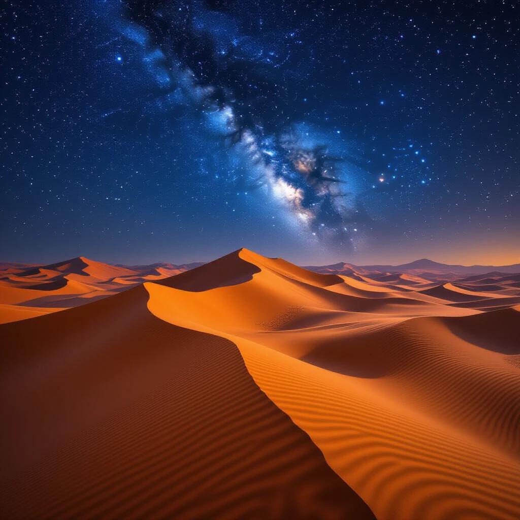 A vast desert landscape with colossal sand dunes under a starry night sky. Hyper-realistic and cinematic scene in 8K resolution.