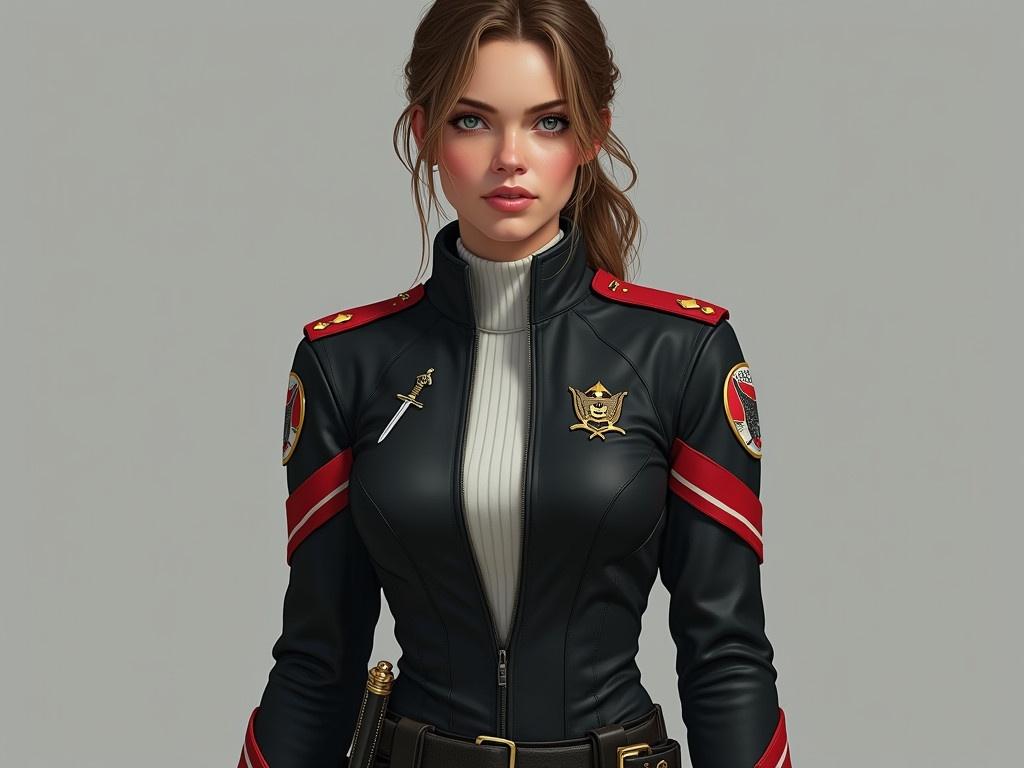 The image depicts a realistic sci-fi military personnel, aged 35, who stands tall with an athletic build. She has sandy brown hair and darker eyebrows, complementing her blue-green eyes. Her lips are not overly full, giving her a more grounded appearance rather than that of a supermodel. The character is adorned in a black uniform made of tough synthetic fabric, featuring a red stripe that separates the shoulders from the chest and back. The jacket showcases padded shoulders and red side panels, along with red stripes near the wrists. Beneath the jacket, she wears a white knit shirt with a flat collar, paired with functional pants. On both shoulders, there are round patches with distinctive designs; the left bearing a white sword over a gold shield on a red background, and the right featuring a three-headed gray wolf cerberus over a gold shield on a black background. Additionally, her left breast displays four small gold diamonds, signifying her rank as Captain, while her right breast features a comm-badge shaped like a small gold shield with a sword. Her belt is practical, with a lower band that holds a gold-hilted dagger in a black scabbard, completing her functional but unadorned military look.