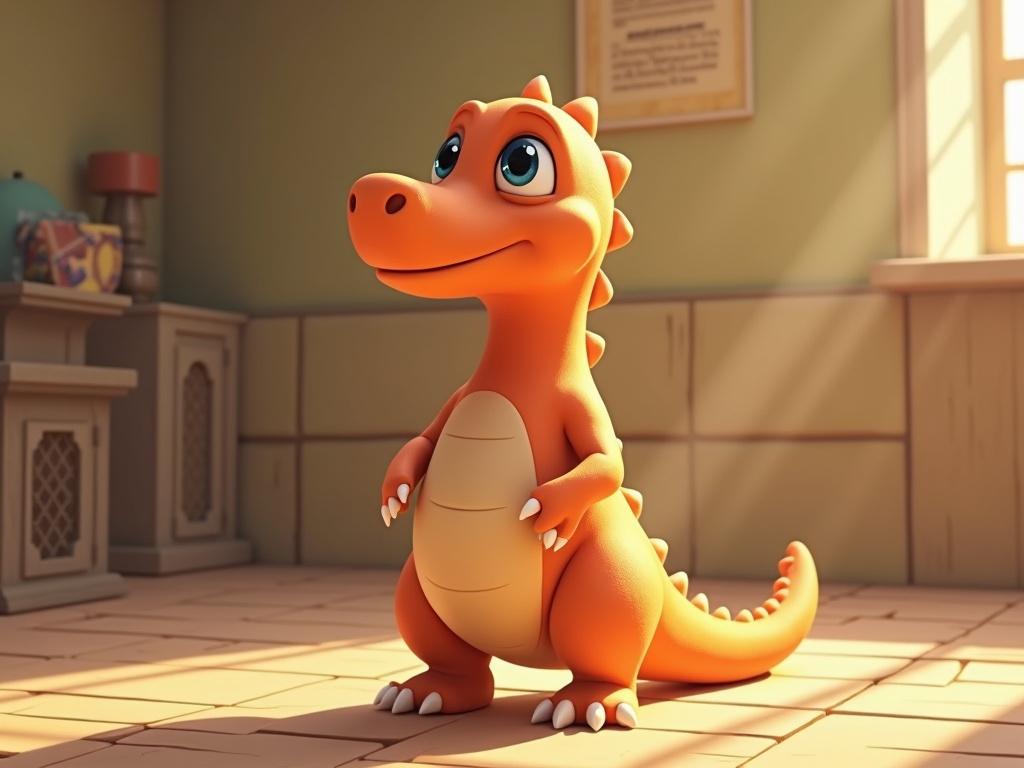 3D cartoon dragon character with orange skin standing in a bright room with soft lighting