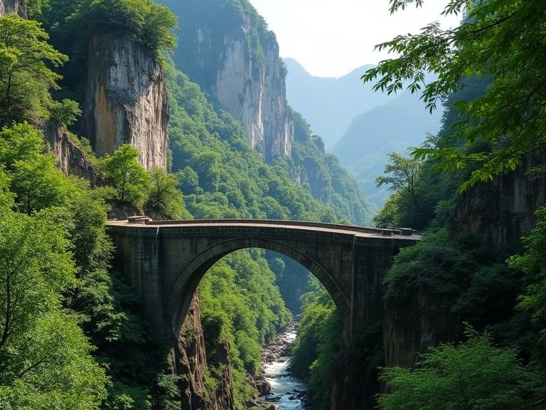 A stone bridge stretches across a narrow canyon. The canyon is flanked by towering forest-covered cliffs. The bridge looks weathered yet sturdy. Lush greenery surrounds the landscape. Dense foliage is visible. Towering rock formations rise in the background. The scene conveys a sense of grandeur. The camera captures intricate textures of the rocks. The serene beauty of the forest is highlighted. The sound of rustling leaves adds to the ambiance.