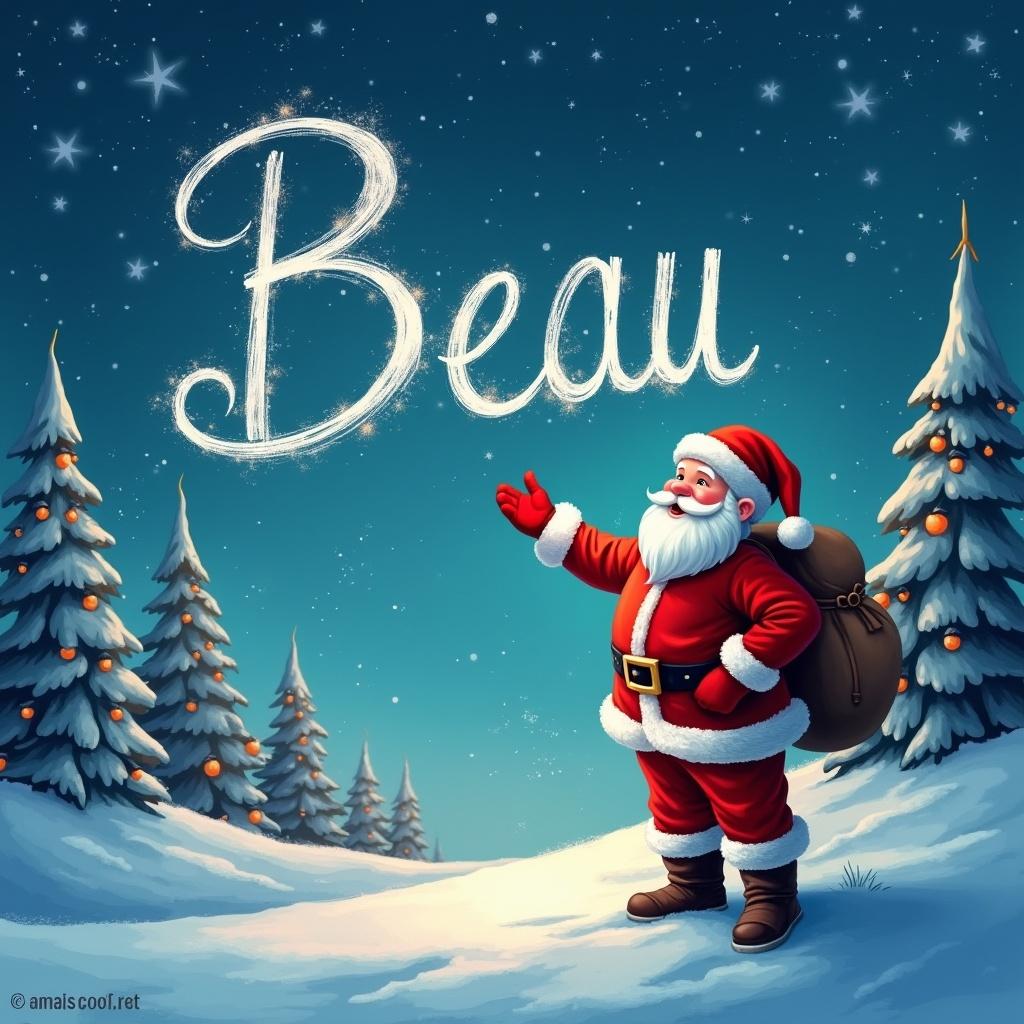 Santa Claus writes the name Beau in the snowy sky. Christmas landscape with trees and stars.