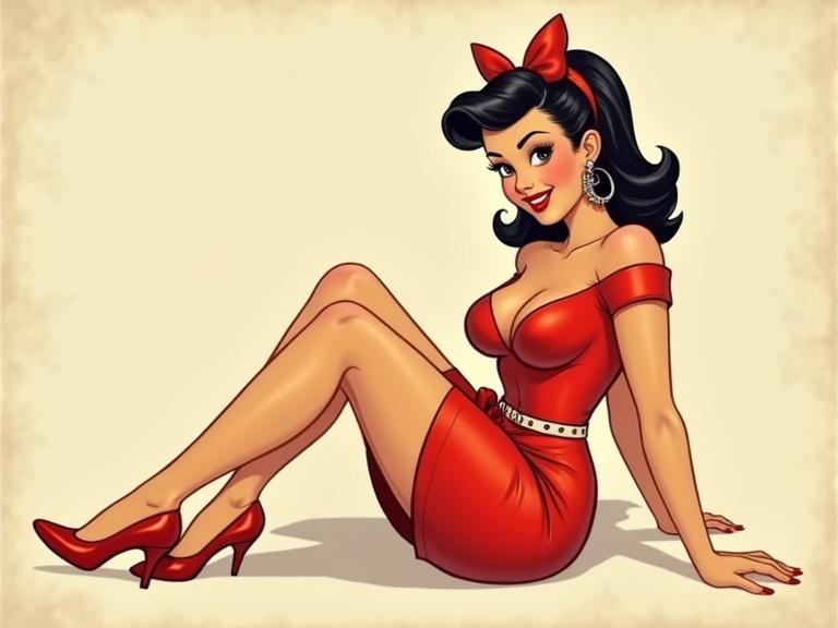 Cartoon character in a pin-up style from the 1950s. The character is curvy and plump, sitting down in a playful pose. The outfit is a red dress with a bow in the hair. The background is simple and beige.