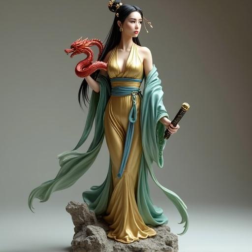 Resin figure of an Asian woman dressed in a tight kimono. Attire features gold and blue colors with green elements. Hair styled in a high bun adorned with golden ornaments. Modeled in a powerful and elegant pose. A small red dragon rests on her shoulder. She holds an oriental sword in her left hand. Base made of rock. Set against a neutral background. Realistic detailed design for collectibles.