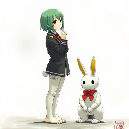 A girl with green hair in a naval uniform stands with a mechanical rabbit beside her. The girl has red eyes, white skin, and a barcode tattoo on her face. She looks at the viewer with her arms crossed near her face. The rabbit has yellow ears and wears a red bow. The background is simple and white, enhancing the focus on the characters.