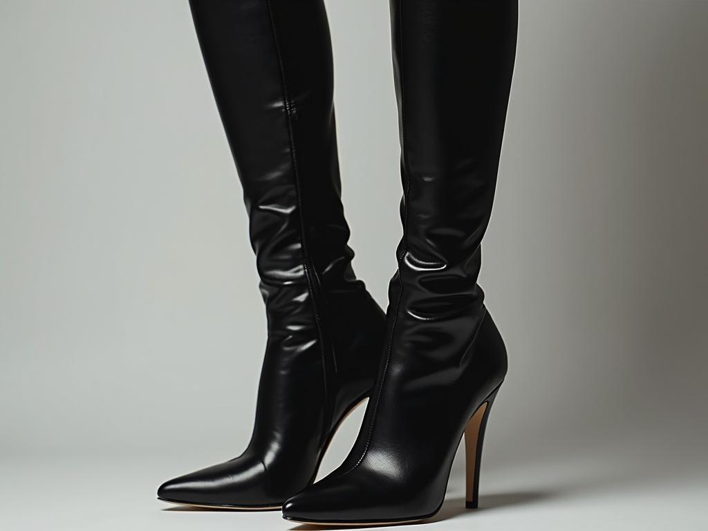 Photo of black high heels and platform boots modeled with legging-style boots. A focus on sleek design and fashion appeal.