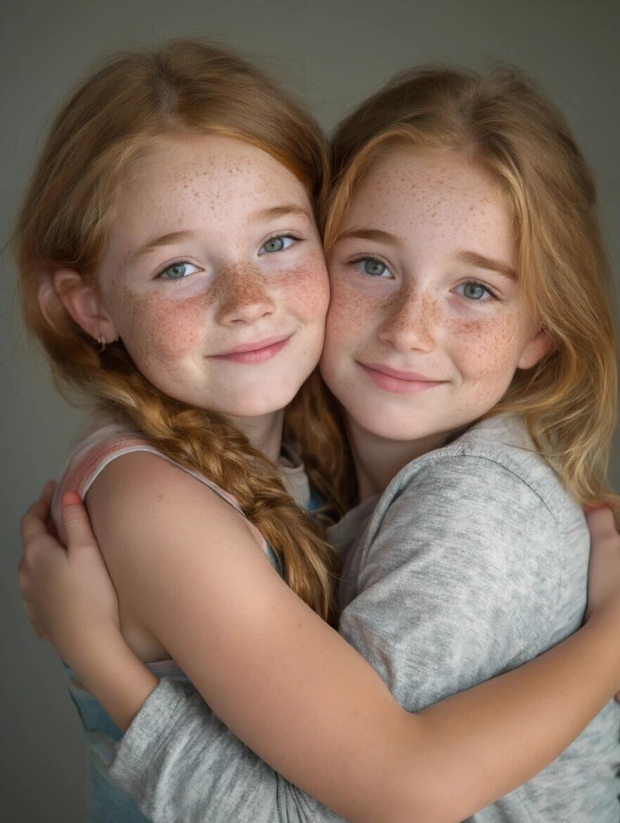 Two girls hug each other and smile at the camera. One girl has freckles. Both girls have light hair and wear casual clothing. Background is neutral. Their expressions are friendly and warm. The photo is from waist up.