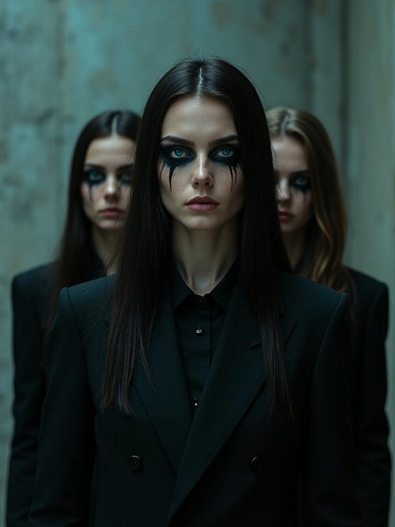 Women in black suits with black lines around their eyes. Eerie atmosphere with surreal and glitched elements. Photorealistic imagery.