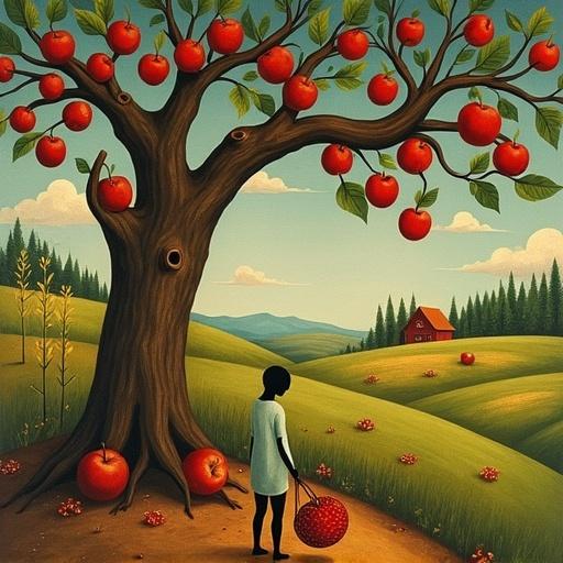 A stylized figure picking apples under a crooked apple tree. The body is simplified, face is undefined. The landscape has distorted perspective, in a Gauguin-like style. Earthy reds, mossy greens, muted blues. Scene evokes rustic, human-centered nostalgia with a warm atmosphere.