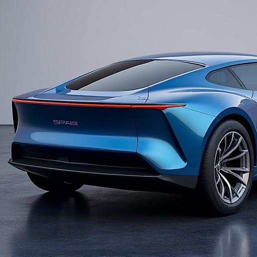 Exterior design of the 2025 Lumen Pulse Base vehicle. Features LumenGlow LED lighting that pulses on startup. The car has an aerodynamic profile with a 0.26 drag coefficient. Color palette includes Horizon Blue and Silver Lining for a modern look.