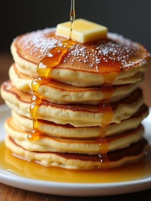 A stack of fluffy pancakes with golden brown color and a piece of butter on top. Syrup drizzles down the sides. The pancakes appear appetizing and inviting. The scene suggests a cozy breakfast atmosphere.