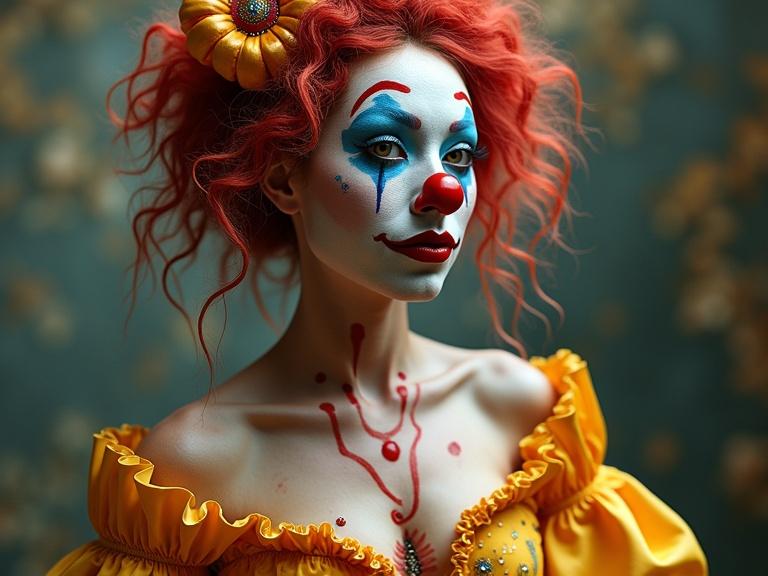 Freaky festival depiction featuring a female clown inspired by Commedia dell'arte. The clown, resembling Aphrodite as a Colombina, sports vibrant makeup and a grotesque appearance.
