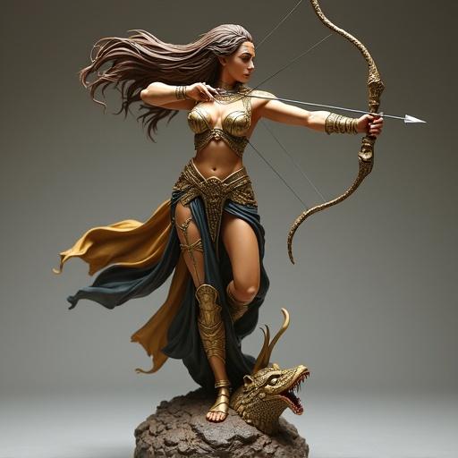 Resin statue of a goddess inspired by Sagittarius. Body is human and muscular. Wearing Egyptian-style armor with mystical details. Stands in a dynamic pose, firing an arrow from a bow. Long brown hair flows in the wind. Ethereal armor combines gold and dark leather. Base features head of galactic monster.