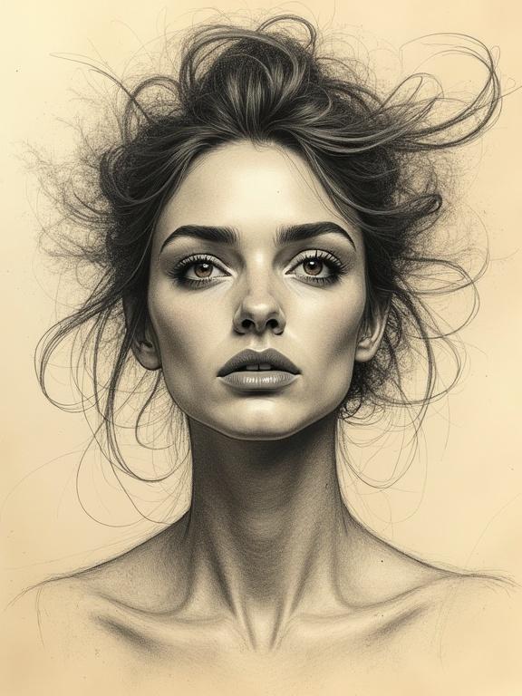A highly textured rough pencil sketch of a woman. The woman appears intense and expressive. Her features show deep emotion and shifting body expression. The sketch has a warm creamy paper texture with bold lines and soft shading. It conveys spontaneity and the artist's spirit.