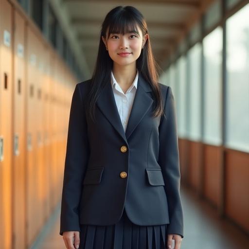Portrait of a young Asian woman in school uniform. She has fair skin with a soft blush and large brown eyes. Long black hair with blunt bangs. Wearing a fitted navy blazer with gold buttons and a white shirt underneath. The skirt is pleated and navy, just above the knees. She stands in a school corridor with lockers and warm light coming in. The atmosphere is serene and inviting.