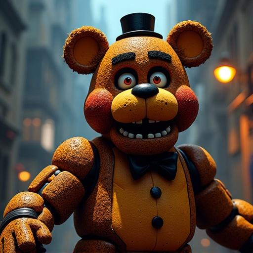 Freddy Fazbear character in urban setting. 3D animated bear with a top hat and bowtie. Stunning details capture the spooky vibe of a popular horror game.