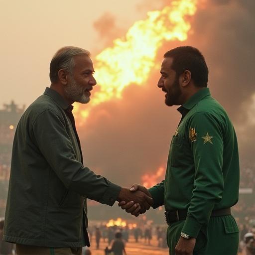 Men shaking hands in front of a fire with a crowd in the background. Theme of conflict and camaraderie. Event related to India and Pakistan.