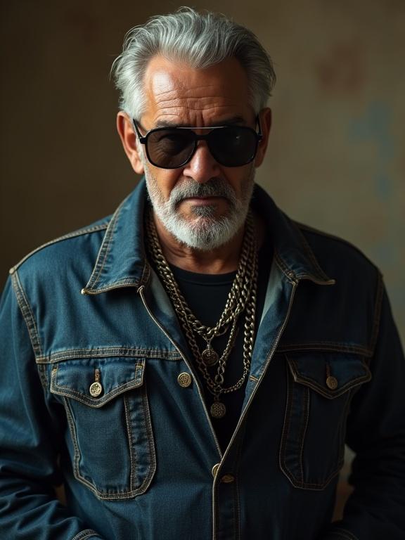 Cinematic portrayal of an armed mature man wearing a denim jacket. Dark sunglasses reflect a serious demeanor. Chains hang around his neck. Dramatic shadows are cast by shaded light.