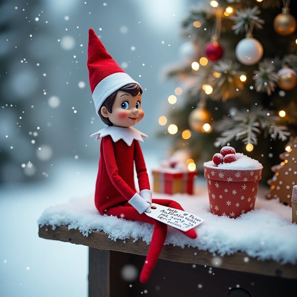 Elf on the shelf writing a message. Surrounded by snow with falling snowflakes. Festive North Pole scene. Christmas atmosphere.