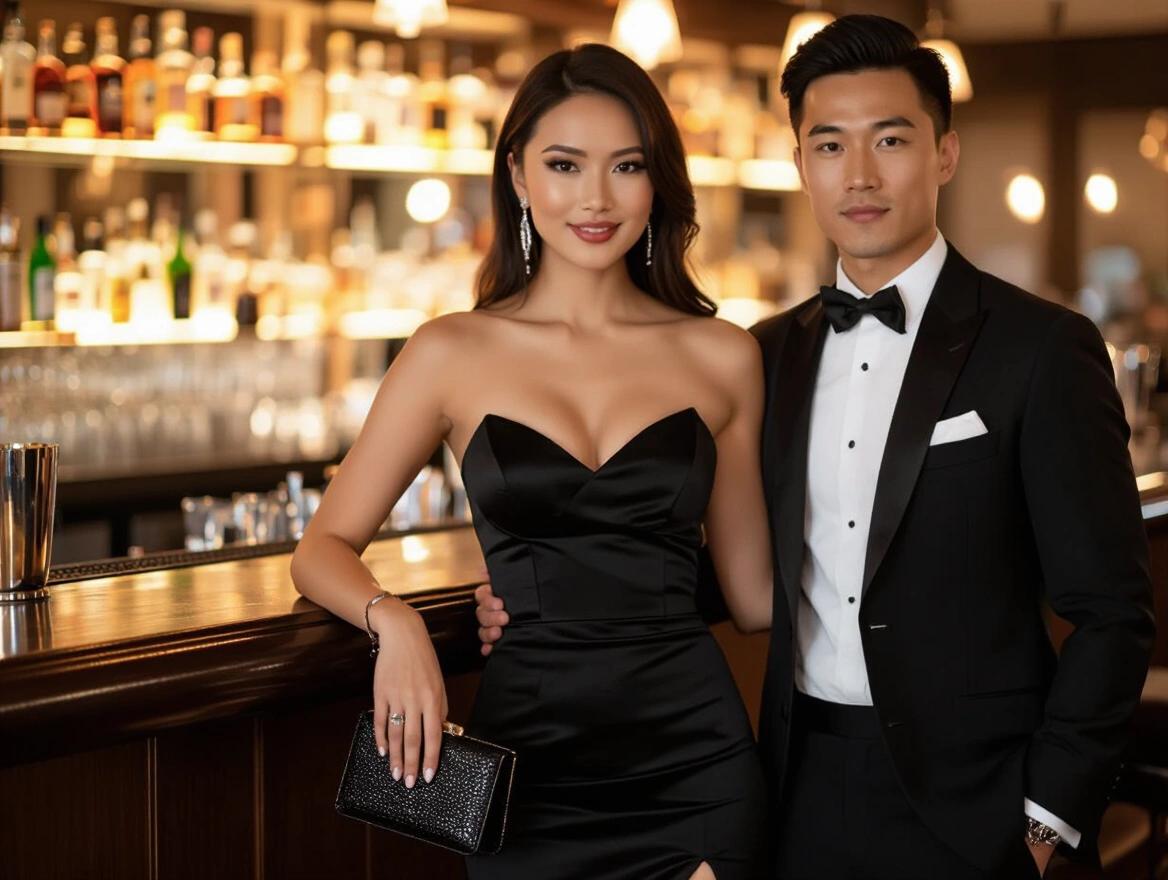 A brunette woman with curves wears a black strapless cocktail dress. She holds a small black purse. She leans on a bar hugging a man in a tuxedo. They pose in a luxurious environment.