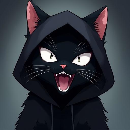 Black cat with a hood on its head has a fierce expression. Cat has a cross-eyed look. Image features an anime style and a menacing mood.