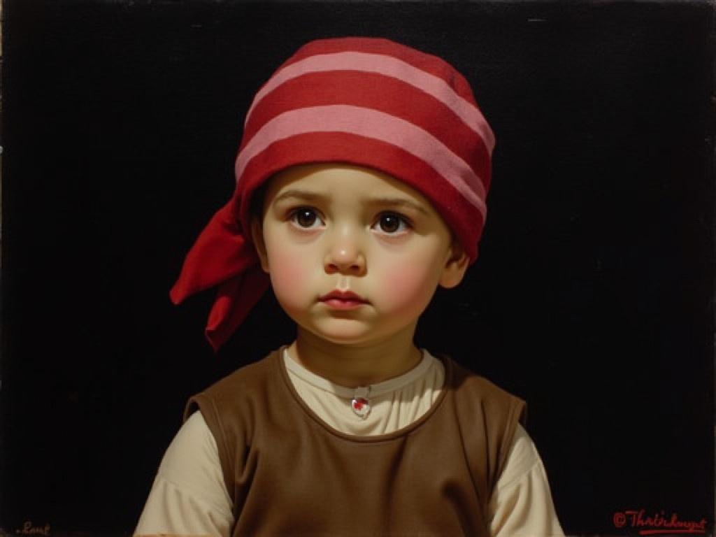 The image depicts a painting of a child from the shoulders up. The child wears a headscarf that has red and pink stripes. The background is dark, which helps to emphasize the subject. The clothing appears simple and traditional, with a brown vest over a light-colored shirt. The artist's signature is visible in red on the lower right corner. The overall mood of the painting is contemplative and gentle.