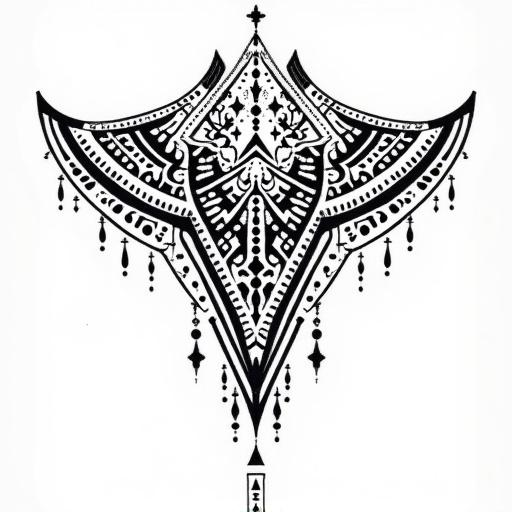 Dense ornamental tattoo pattern in black ink. Design is symmetrical and mimics coverage of upper chest neck shoulders back. Intricate dot clusters geometric motifs linear arrangements triangle-based grids. Patterns include small crosses star-like shapes arcs arranged with anatomical flow. Aesthetic blends African scarification and Filipino batok elements with modern clarity. Tattoo lines are thin and crisp on white background.