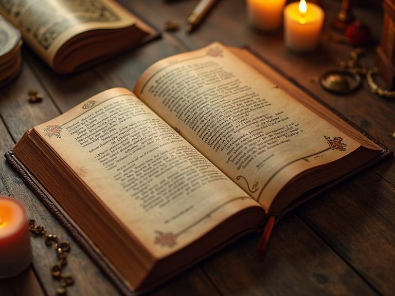 A close-up view of an open Bhagavad Gita book displayed on a wooden surface with candles nearby. Book features ancient pages filled with text. Soft warm lighting enhances the atmosphere.