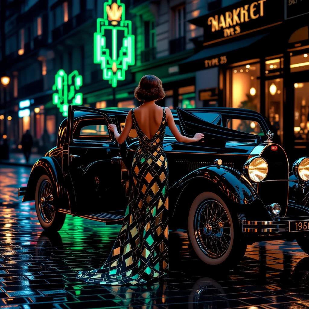 Street scene in 1925 Paris at midnight with a woman in a geometric dress opening a Bugatti Type 35. Neon art deco signs illuminate wet cobblestones. A cinematic feel pervades the atmosphere. The car is glossy black and parked on the curb. The woman is captured in motion with reflections in puddles, sophisticated lighting, and detailed textures throughout.