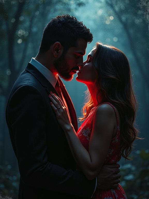 Couple sharing a romantic kiss in a misty forest at night. Soft lighting creates a magical atmosphere. The image has an oil painting effect with a grainy texture.