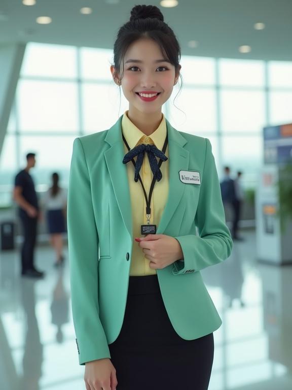 Full body image of a female airport ground staff in her uniform. She wears a pastel-yellow long-sleeve blouse and a jade-green blazer. A black pencil skirt completes her look. She has a bun hairstyle and light makeup with red lips. A name tag is pinned to her blazer, and she wears a black lanyard with her ID badge. A dark-blue gingham scarf is tied around her collar. The setting is an airport terminal.