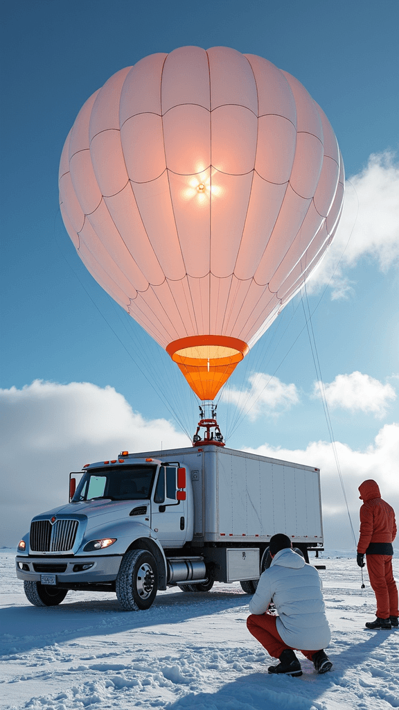 A white truck with a box body has a glowing hot-air balloon attached, with two people dressed in insulated clothing standing on a snowy terrain under a bright blue sky.