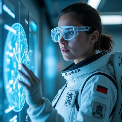 Movie-level hyper-realistic photo of a 30-year-old European female astronaut scientist in Ark space station. High-tech white space suit with ARK badge on left chest. Wearing translucent AR glasses. Analyzing holographic projection data with floating blue 3D molecular structure. Slightly frowning with right hand hovering in air to operate system. Laboratory environment with futuristic technology like luminous control panels and floating scientific research equipment in background. 'Interstellar'-style lighting effects. 4K ultra-high-definition details.