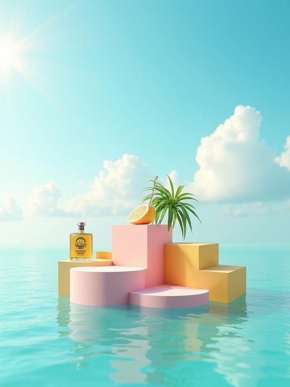 Surreal dreamlike product photography. Colorful geometric pedestals float above calm turquoise sea. Eight jars of Moana Butter Cream arranged on the pedestals. Stylized palm leaves included. Clear summer sky in background. Image conveys feelings of lightness freshness escape.