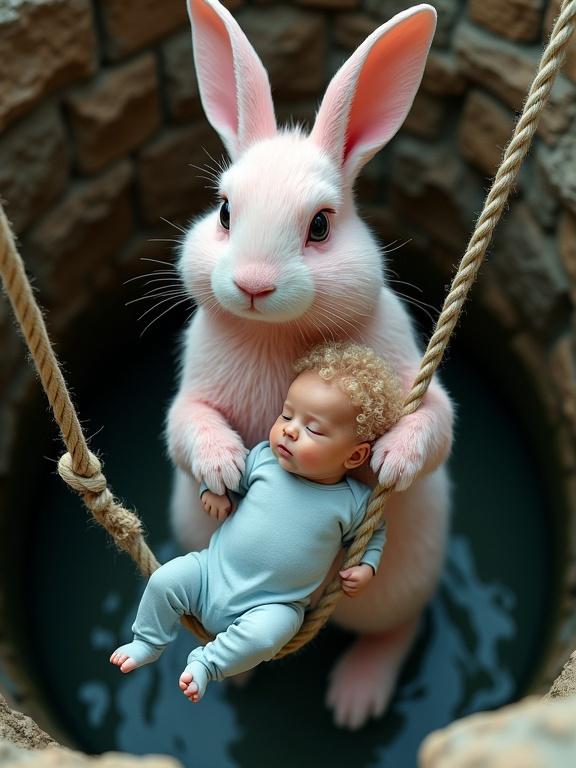 Scene shows a large pink rabbit in an old stone well. The rabbit holds onto a thick rope while pulling itself up. In its other paw, the rabbit securely holds a baby with curly blonde hair wearing a light blue onesie. The baby is calm and being lifted out of the water. The perspective is from above, focusing on the well's top as the rabbit looks upward. The mood conveys care and companionship, capturing a rescue moment realistically.