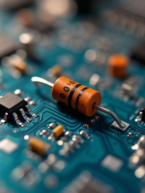 Close-up shot of a realistic resistor on a shiny printed circuit board with intricate details visible.
