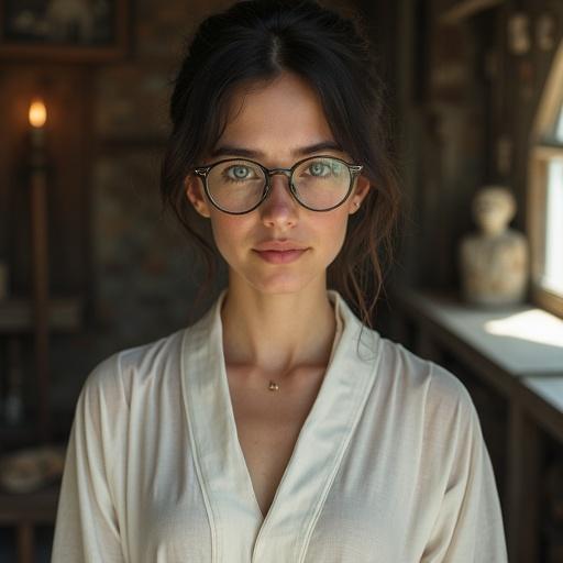 Photorealistic image of young adult named Lyra. Focused and scholarly air. Dark hair tied back in a bun. Large blue eyes. Wearing robe made of thin white translucent cotton cloth. Showing bare bellybutton with piercing. Simple wire-rimmed glasses. Composed and observant demeanor. Holding worn leather-bound digital reader and physical scrolls. Precise and economical movements. Shy and nervous smile. Standing in Elara's office in a grungy spaceship filled with ancient artifacts.