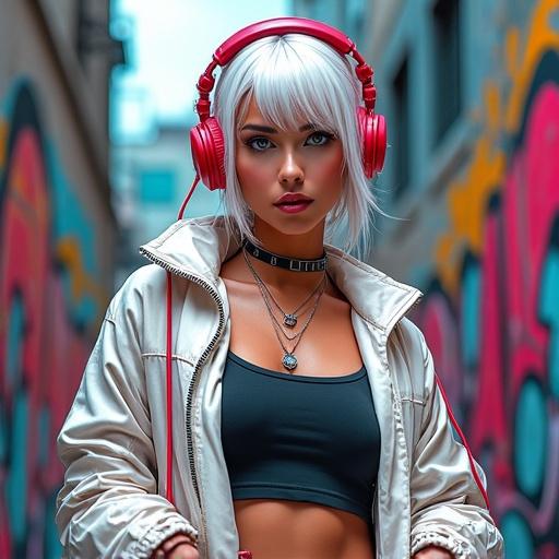 Confident urban woman with white hair wearing red headphones and a white futuristic street jacket. Standing in a graffiti-covered alley. Colorful graffiti splashes burst dynamically around her like living energy. Bold and vibrant street art aesthetics. Comic-book style. Hyper-saturated neon colors. Rebellious atmosphere. Cinematic lighting. Centered standing. Staring defiantly into the viewer. Radiating strength and individuality.